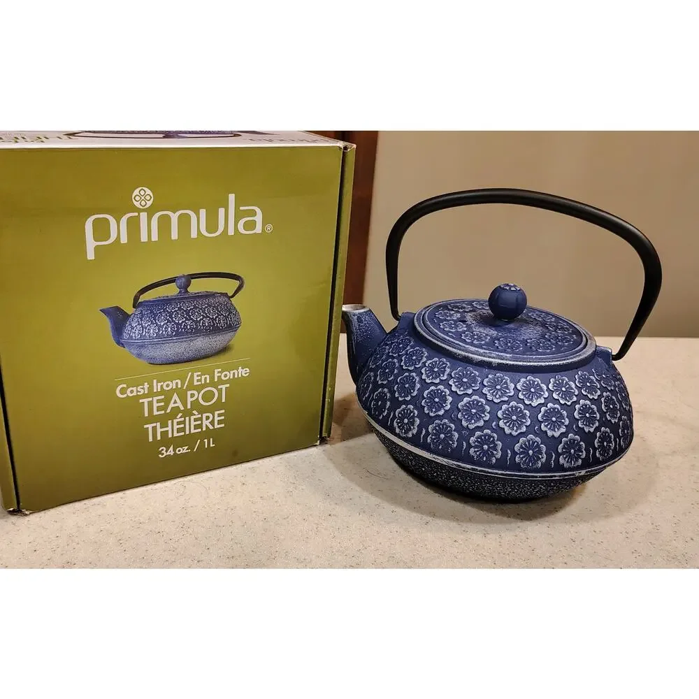 Primula 34oz Blue Cast Iron Teapot w/ Stainless Steel Mesh Infuser - New in Box